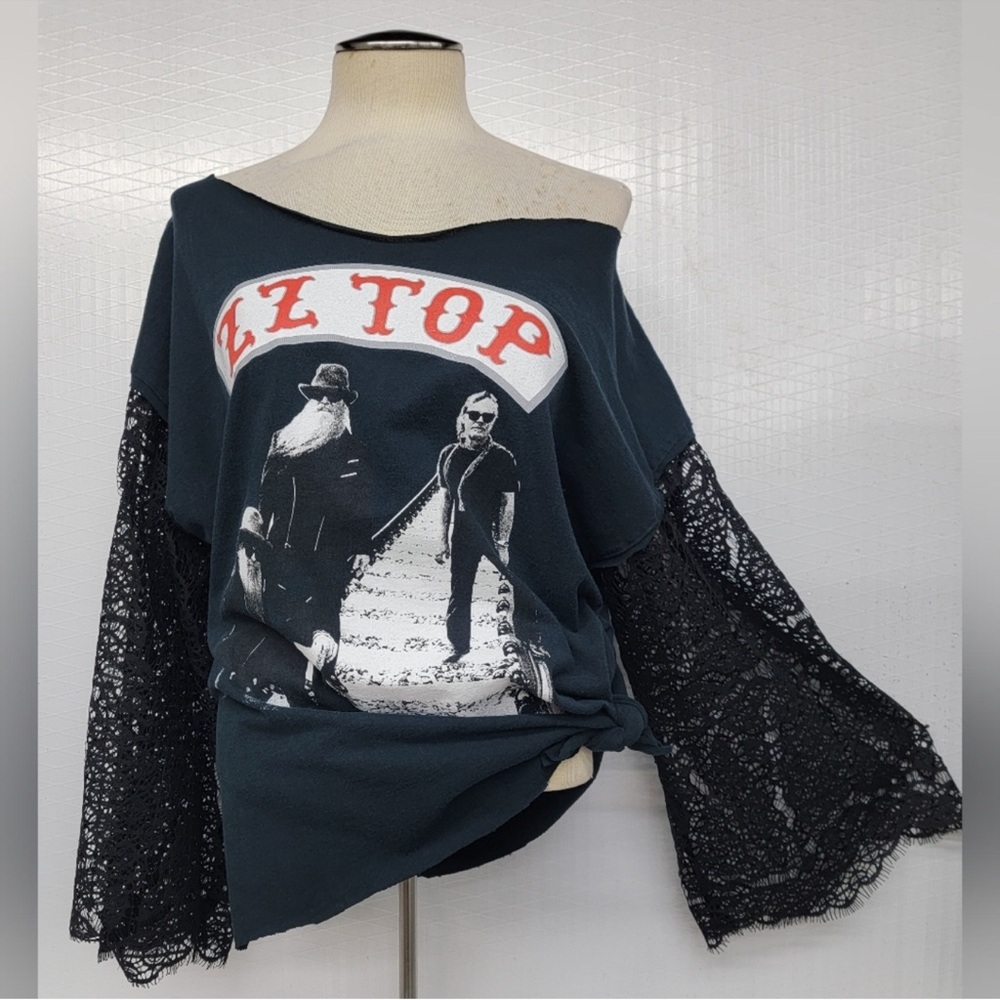 Women's Rocker Vintage concert t shirt handmade lace bell sleeves